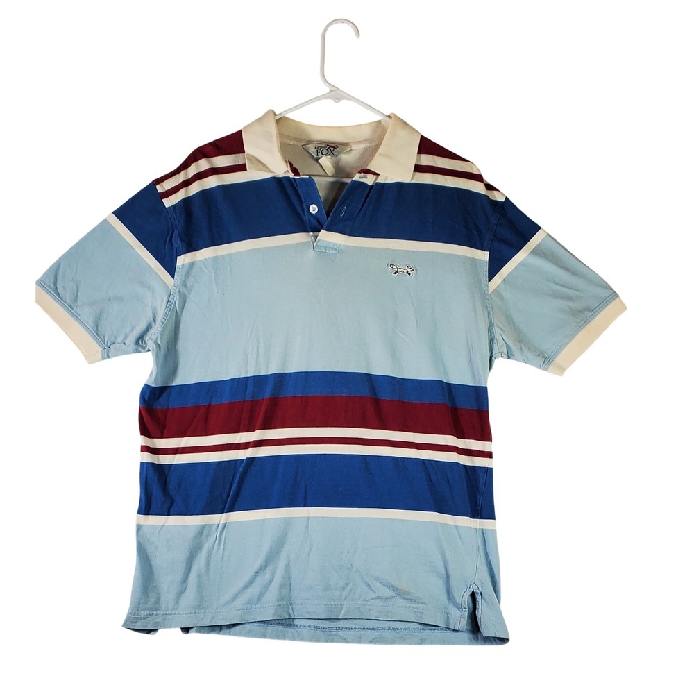Vintage Retro Fox Men's Striped Polo Shirt Short Sleeve Blue Red Casual Size XL‎